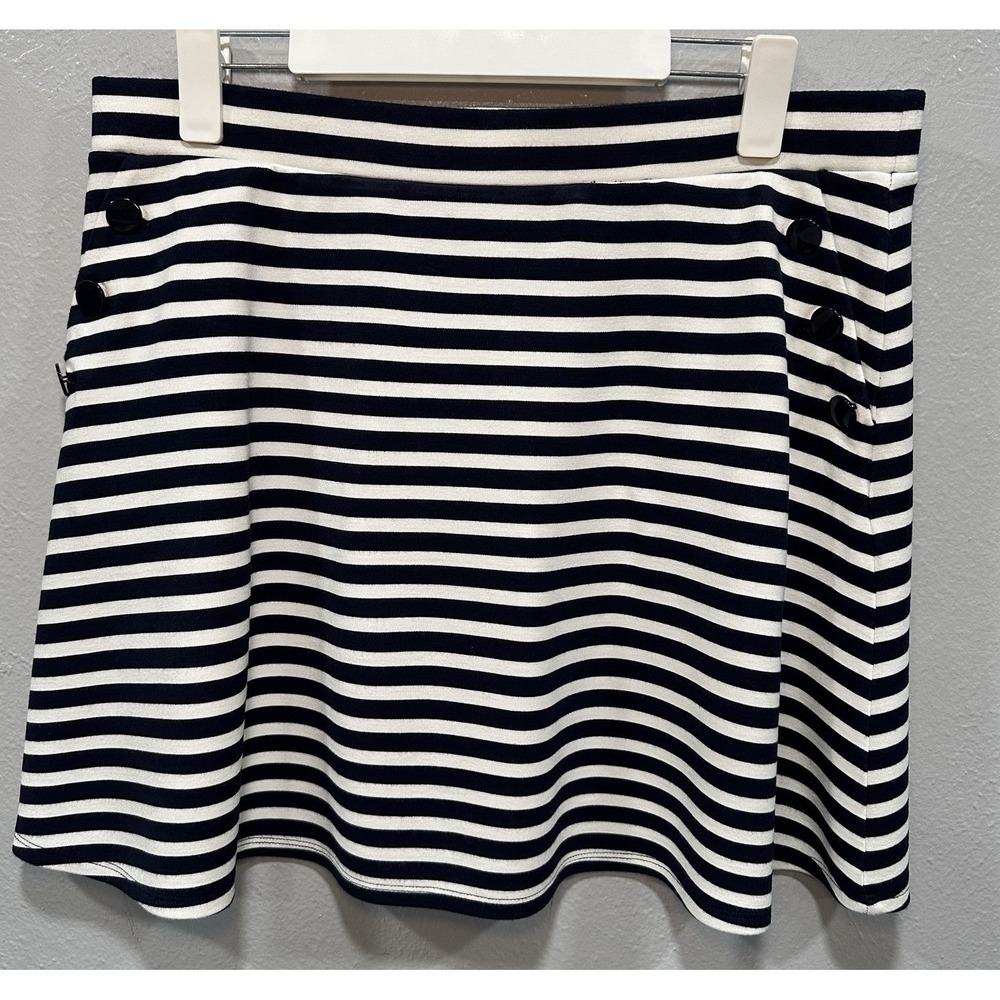 LOFT Mini Skirt Women's Size Large White & Navy Stripes Pull On Button Pockets